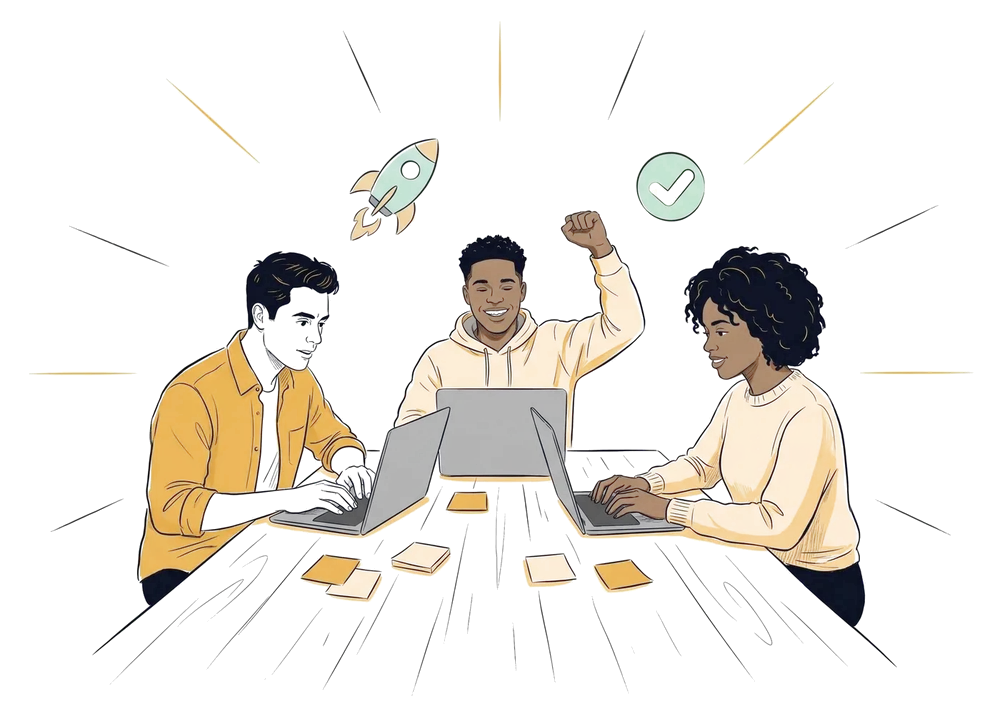 Illustration of N2 players working together on their laptops. Illustration made with AI, composed by the N2 team