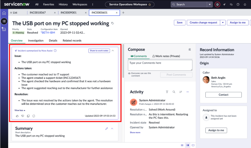 AI-Generated Incident Summaries example with NowAssist in ServiceNow Xanadu