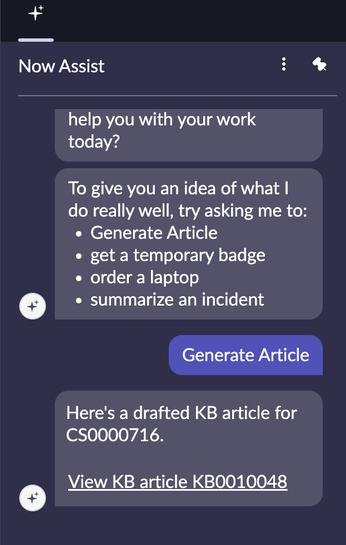 Knowledge base article generation example with NowAssist in ServiceNow Xanadu