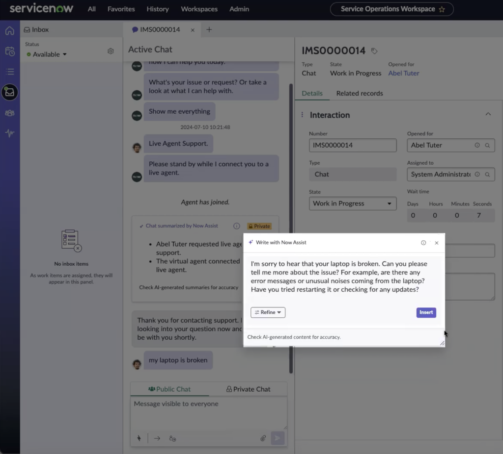 agent chat reply example with now assist in ServiceNow Xanadu