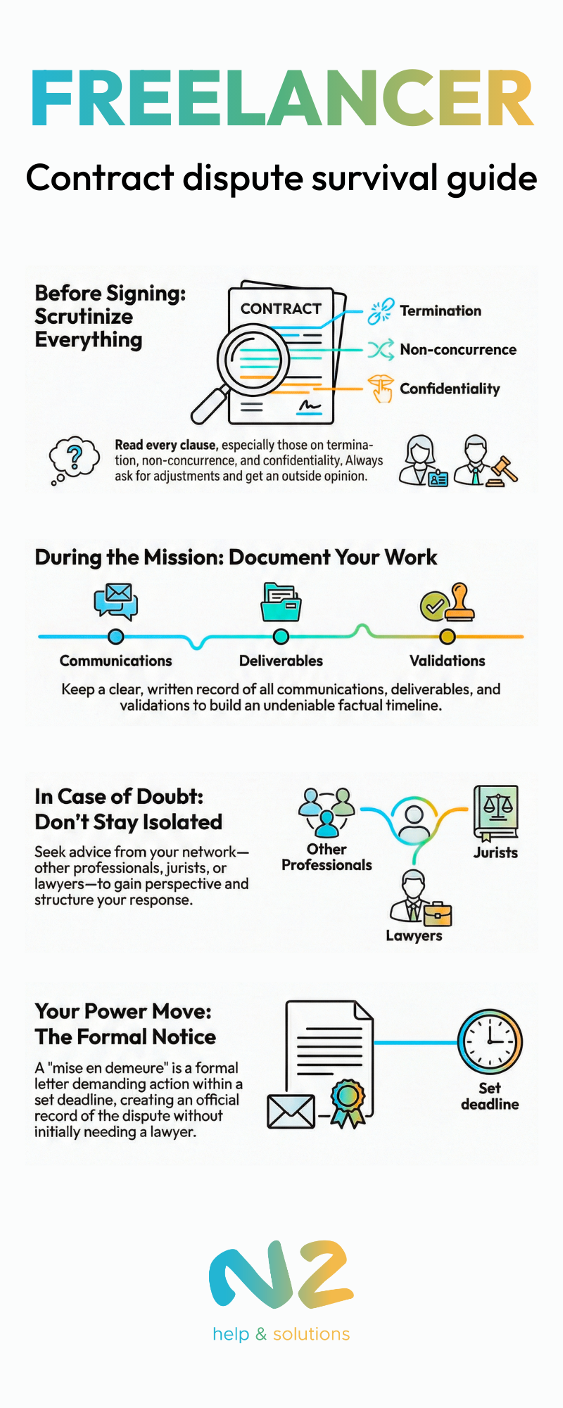 An infographic titled "Freelancer Contract dispute survival guide" divided into four chronological sections:
Before Signing: Scrutinize Everything: Advises reading every clause, specifically focusing on termination, non-concurrence, and confidentiality. It suggests asking for adjustments and seeking an outside opinion.
During the Mission: Document Your Work: Encourages keeping a clear, written record of communications, deliverables, and validations to build a factual timeline.
In Case of Doubt: Don’t Stay Isolated: Suggests seeking advice from a network of other professionals, jurists, or lawyers to gain perspective and structure a response.
Your Power Move: The Formal Notice: Describes a "mise en demeure"—a formal letter demanding action within a set deadline—as a way to create an official record of a dispute without initially needing a lawyer.
The bottom of the graphic features the "N2 help & solutions" logo.